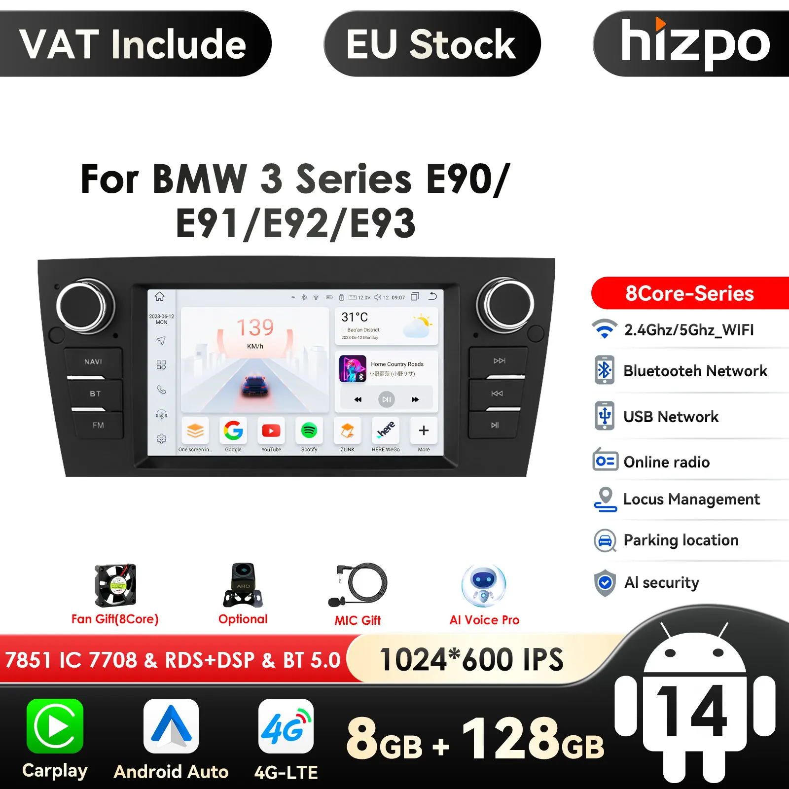 Lecteur multimédia Radio automatique Android 14 pour BMW E90/E91/E92/E93 série 3 Navigation GPS unité principale Audio stéréo 1 Din 2Din RDS BT