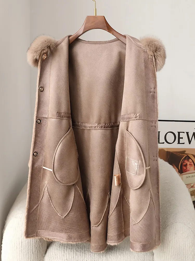 Abrigo de piel de visón dorado, cuello de piel de zorro con capucha de longitud media para mujer, abrigo de piel de visón integrado de piel