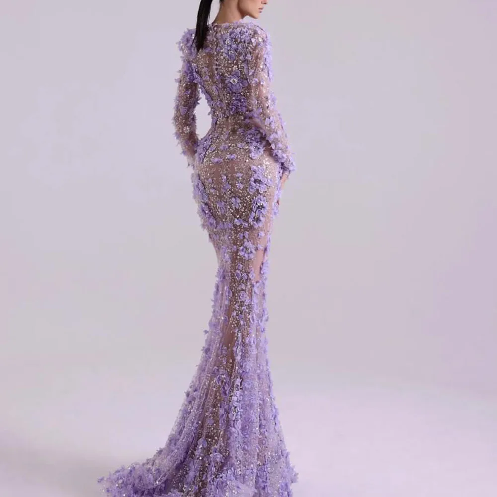Robe de soirée personnalisée avec des Appliques florales 3D, Illlusion brodée, col en V, robe de soirée perlée, 2025