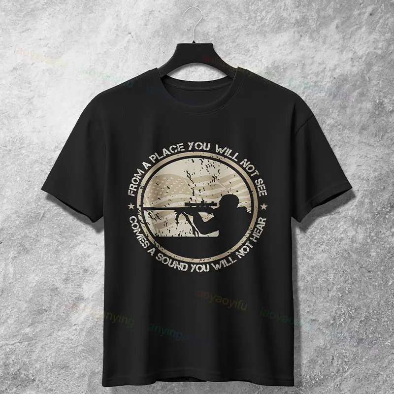 

Забавная футболка с надписью «From A Place You Will Not See» и снайперской винтовкой, футболка из чистого хлопка с короткими рукавами, всесезонная мужская рубашка