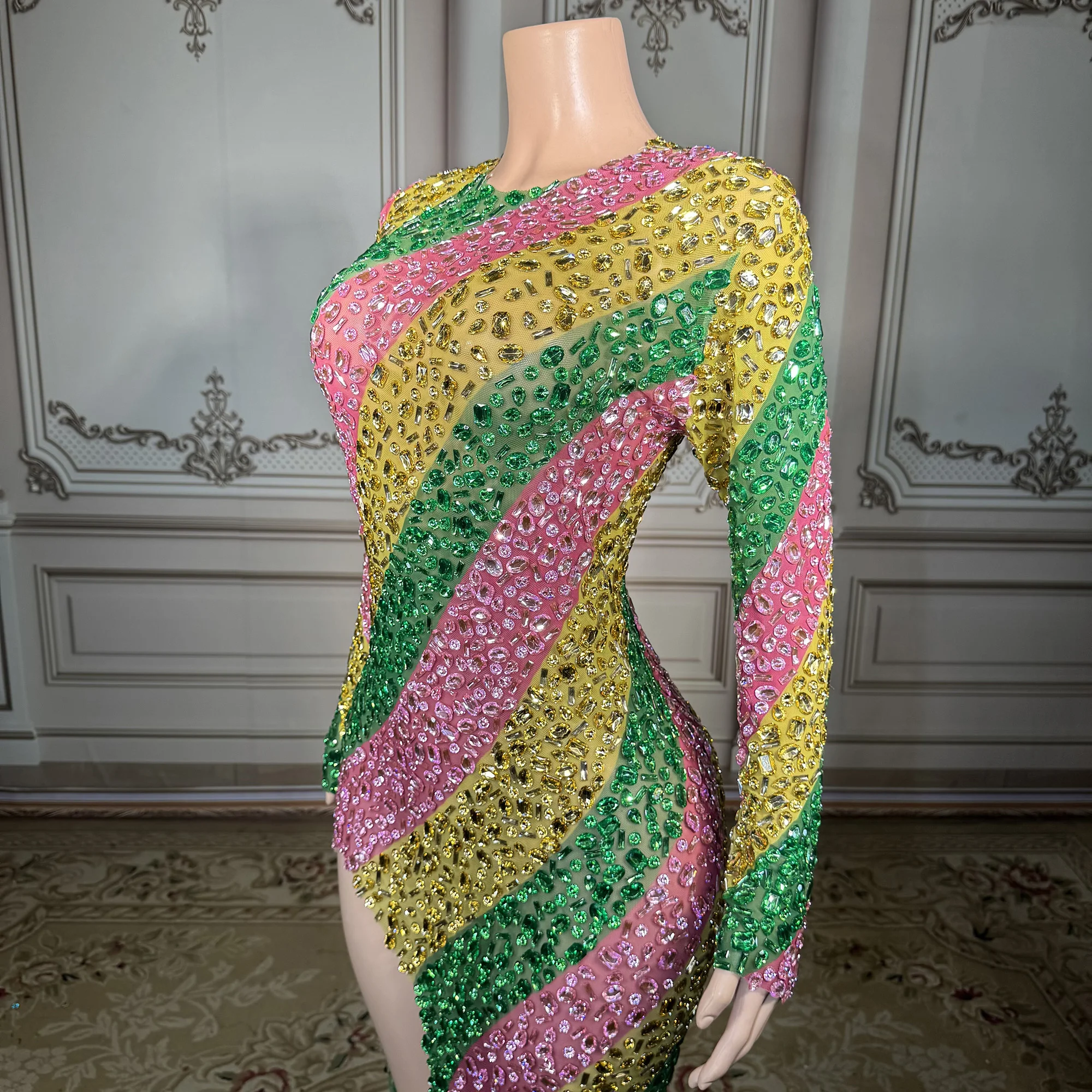 ZD レディース セクシー キラキラ マルチカラー ラインストーン ノースリーブ メッシュ シースルー ショートドレス 誕生日 プロム ダンス 大きいサイズ