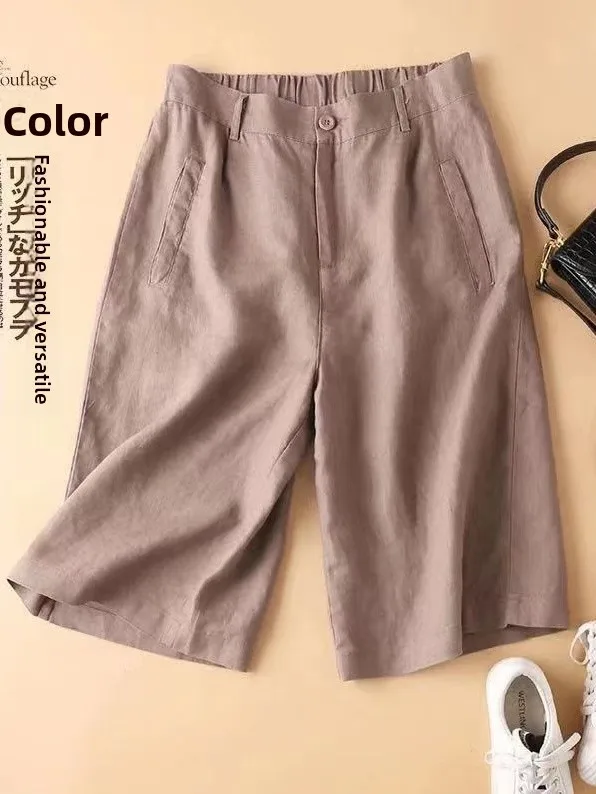 

Casual Cotton Linen Wide Leg Pants Women Summer Loose plus Size Versatile Small Stature Linen Casual Mid-Length Pants