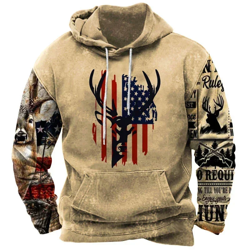 3D Printed Vintage Hoodies For Men USA Flag Graphic Long Sleeve Streetwear Fashion Oversized Hooded Sweatshirts Personality Tops