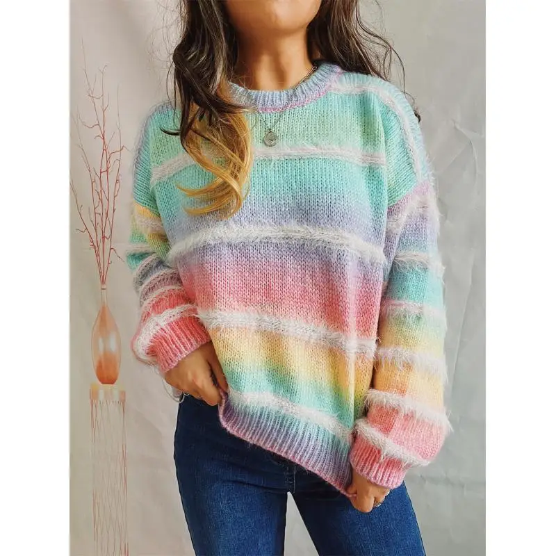 Women Rainbow Gradient Striped Knit Sweater Crew Neck Fuzzy Long Sleeve Loose Casual Pullover Jumper