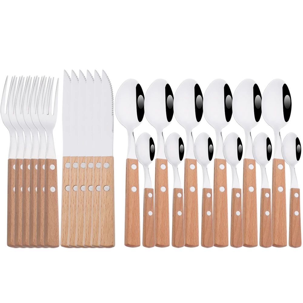 6/24Pcs 304 Stainless Stee Cutlery Set Luxury Wooden Handle Dinnerware Flatware Set Kitchen Western Knife Spoon Fork Tableware