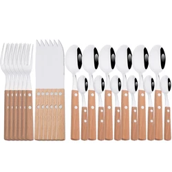 6/24Pcs 304 Stainless Stee Cutlery Set Luxury Wooden Handle Dinnerware Flatware Set Kitchen Western Knife Spoon Fork Tableware
