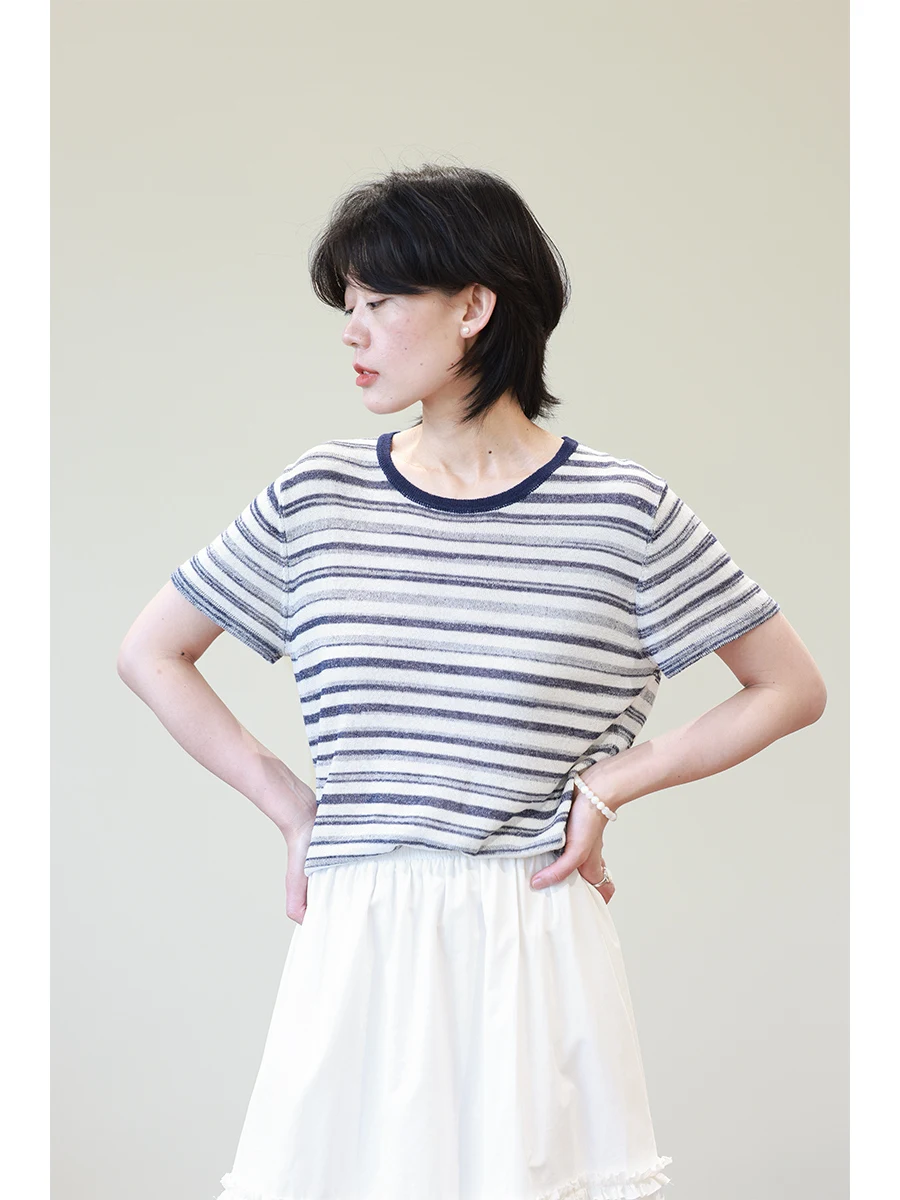 

Lightweight Comfortable Striped round Ne ort Sve Linen Knitted Top Loose Women's T-irt Commute Sle Vintage Loose Fit