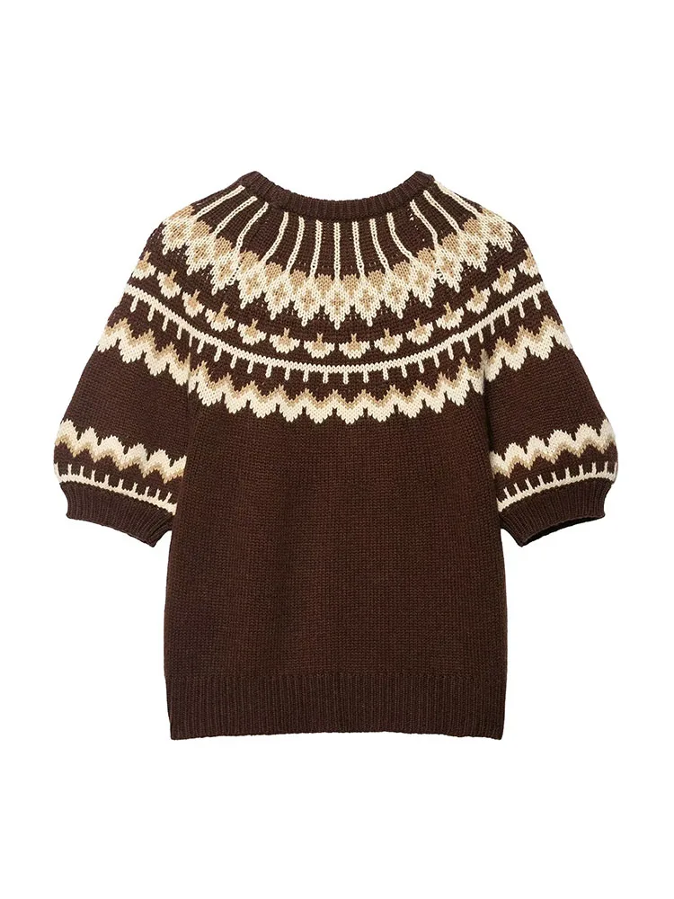 HH Woman Fashion Winter Round Neck Jacquard Short Sleeves Knitted Sweater Female Casual Slim Fit Street Style Sweater Pullover