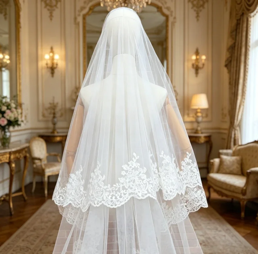 Wedding Accessories DRESS Embroidery Lace Wedding Veil with Blusher Cathedral Bridal Veil Soft Tulle Mantilla Lace Edge