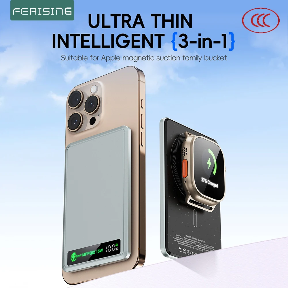 

3IN1 Color Display screen 5000mAh Fast Power Bank for MagSafe Magnetic Wireless External Battery CCC Certified China standard