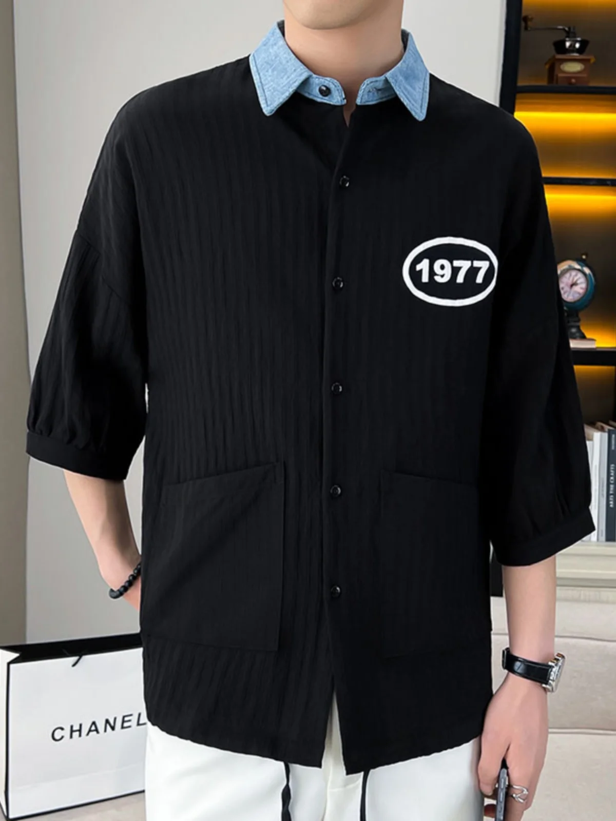 

Ice Silk ort Sve Men's irt Summer High Sensation Bla Trendy Loose Casual Loose irt Cotton Polyester Blend Youth Fa...