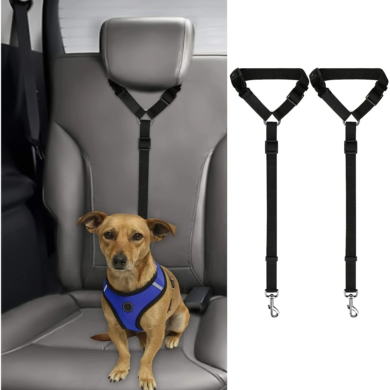 2 Packs Dog Cat Safety Seat Belt Strap Car Headrest Restraint Adjustable Nylon Fabric Dog Restraints Vehicle Seatbelts Harness C