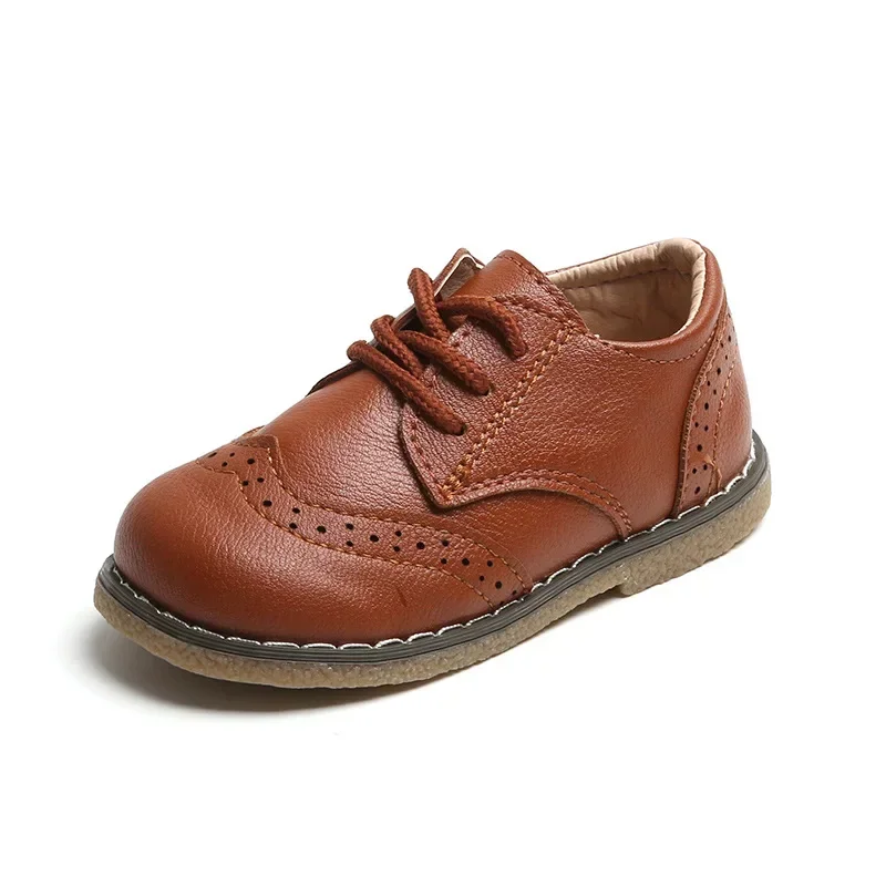 Boys Leather Shoes 2024 Spring Autumn Children Oxfords Brogue Style Casual Shoes Fashion Lace-up Shoes For Boy Brown, Black