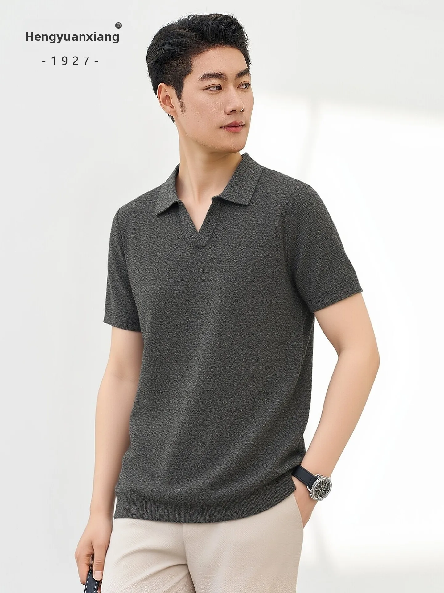 Hengyuanxiang Men's Knitted Short Sleeve T-Shirt Summer New Style O-Neck Draping Pure Color Casual Texture Knitted Shirt