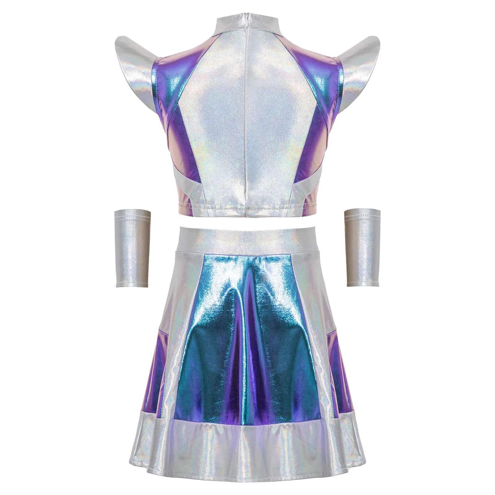 Kids Girls Halloween Alien Robot Astronaut Space Cadet Costume Jazz Dance Outfit Metallic Shiny Crop Top with Skirt Sleeves Set