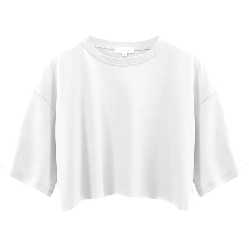 T-shirt a maniche corte per ragazza calda sexy europea e americana 2024 estate tinta unita taglio corto crop neck top sportivo