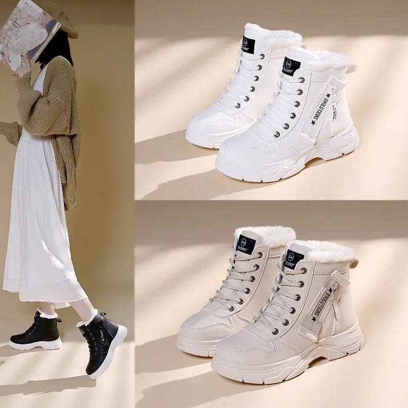 

Women Cotton Boots Winter Casual Sneaker High Top Short Boots Outdoor Non-slip Cotton Shoes Waterproof Flat Bottom Boots 2024New