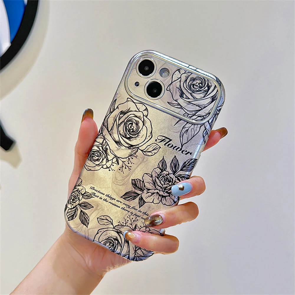 Sketch Rose Flowers Large Window Veneering Phone Case For iPhone 15 14 13 12 Pro Plus Max Simplicity Shockproof Protective Cover