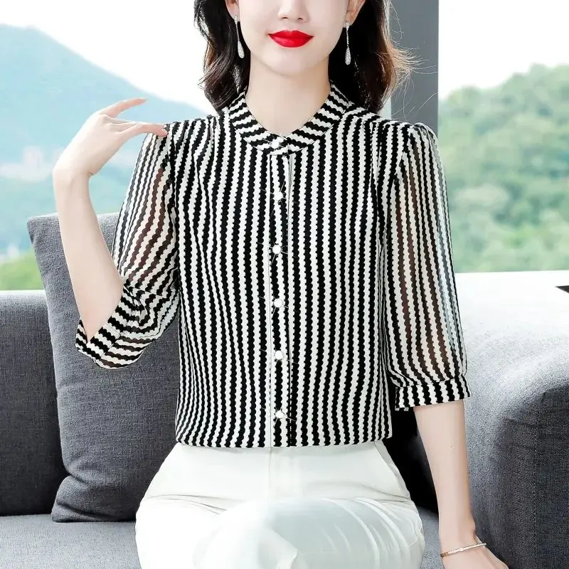 2024 New Women\'s Summer Fashion Simplicity Slim Versatile Long Sleeve Commuter Crew Neck Button 3/4 Sleeve Printed Shirt Tops