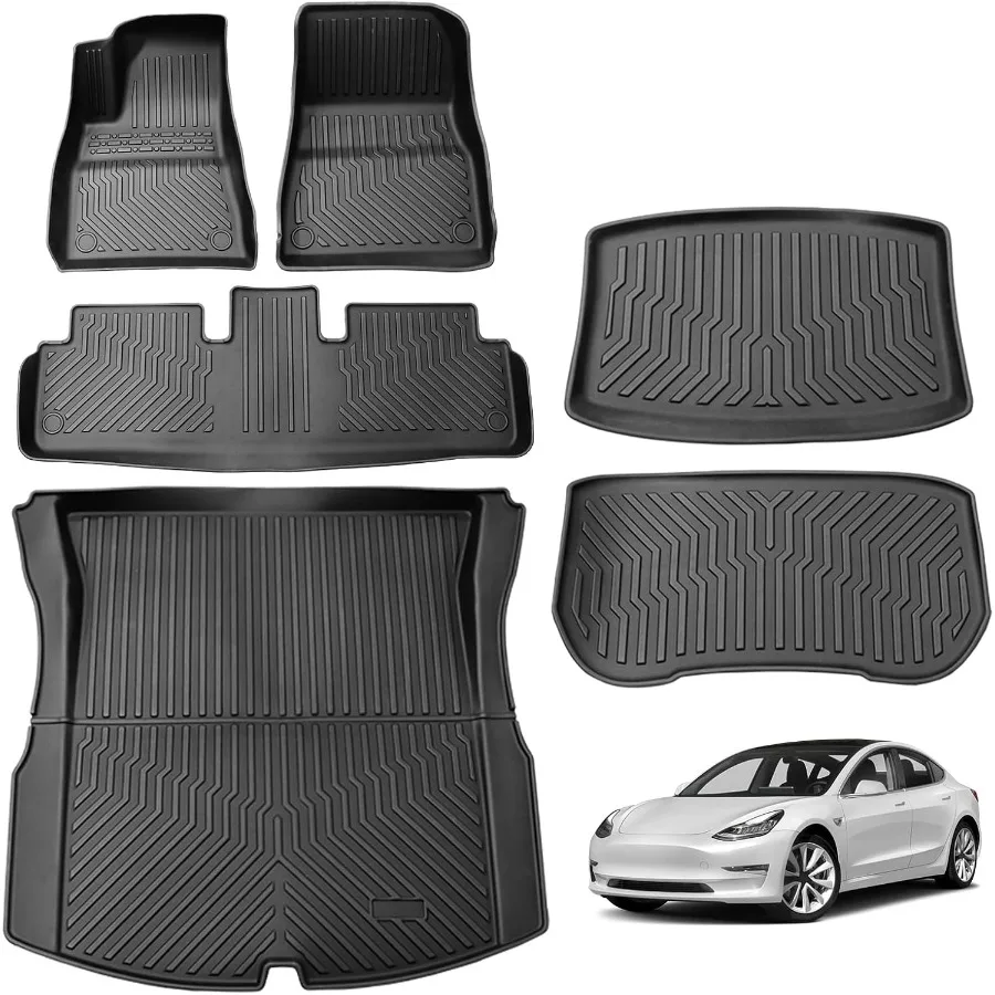 6PCS All Weather Floor Mats for 2024 2025 Tesla Model 3 Highland 3D TPE Protection Floor Liners Cargo Liner and Cargo Trunk Mat