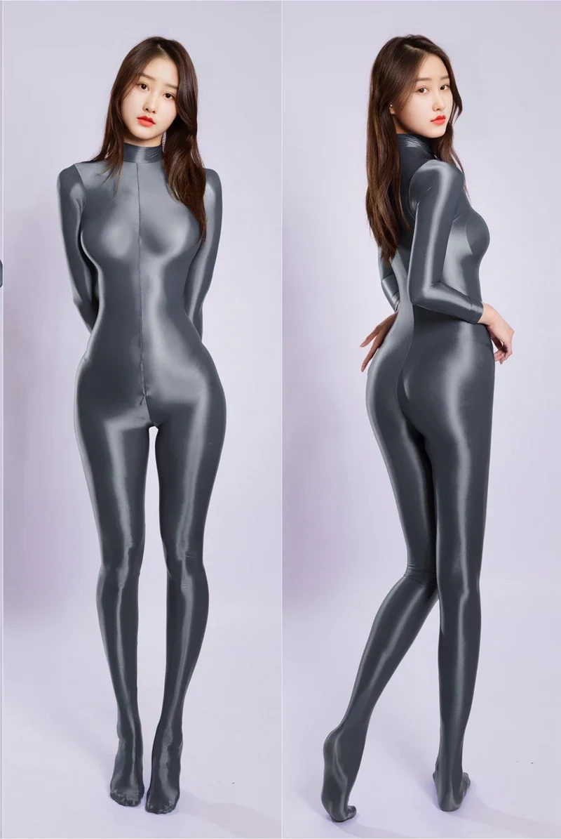 M XL Glossy Shiny Nylon Catsuit Bodystocking Zipper Open Crotch Bodysuit Tights Leotard Conjoined Unitard Jumpsuit Fitness Body