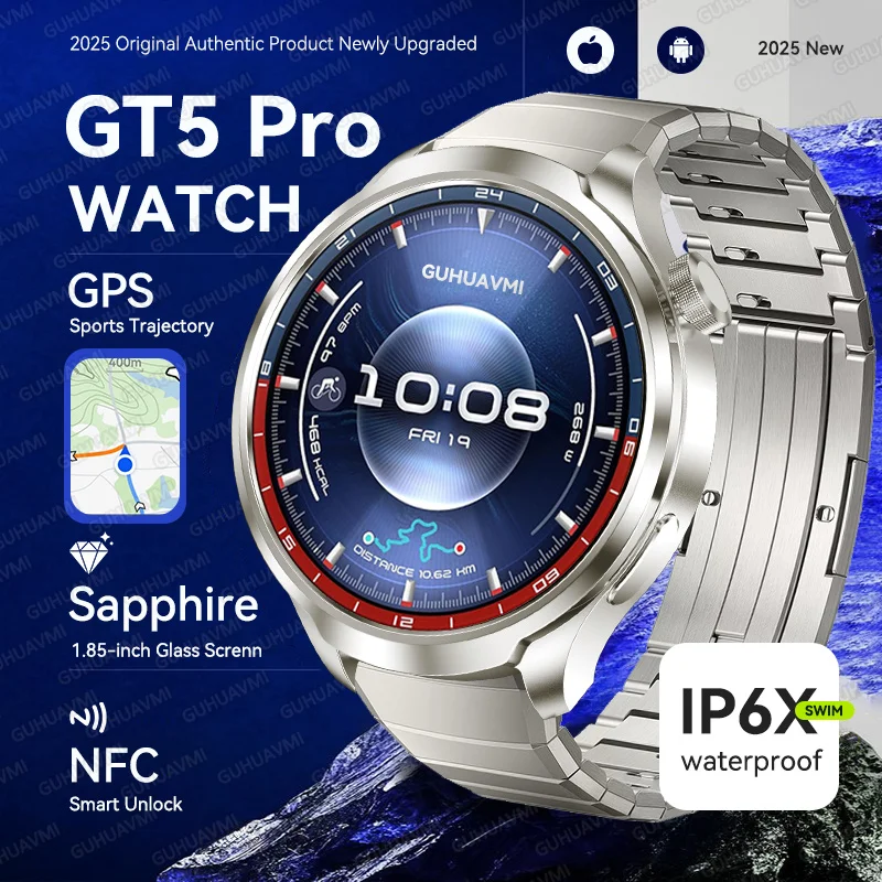 ساعة GT5 Pro GPS NFC ساعة ذكية للرجال 360*360 AMOLED شاشة الياقوت معدل ضربات القلب BT دعوة IP68 مقاوم للماء رجل ساعة ذكية 2025 جديد