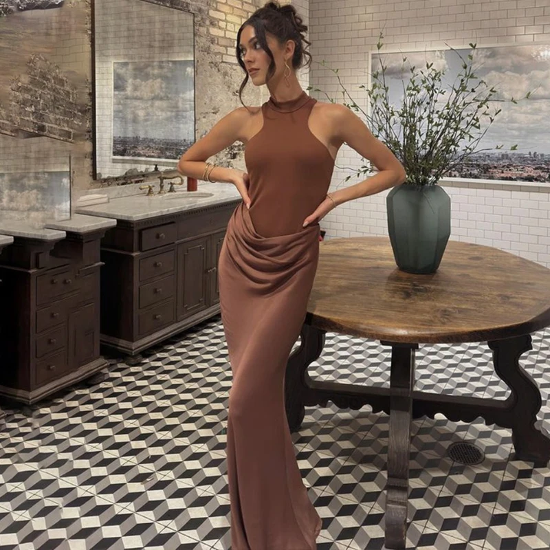 TARUXY Fashion Hollow Pleated Dress Women's Sexy O Neck Sleeveless Slim Solid High Waist Maxi Dress Summer Party Club Clothing