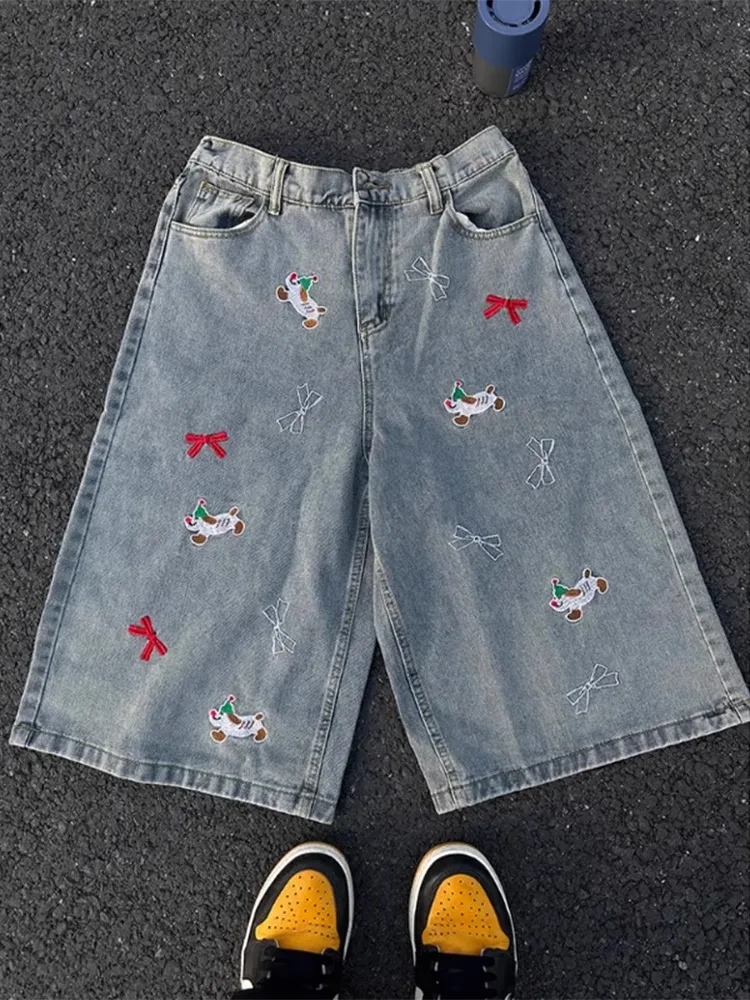 

Мужские джинсовые брюки в стиле ретро синего цвета с вышивкой, свободные широкие повседневные брюки, молодежные модные летние дышащие эластичные брюки прямого кроя