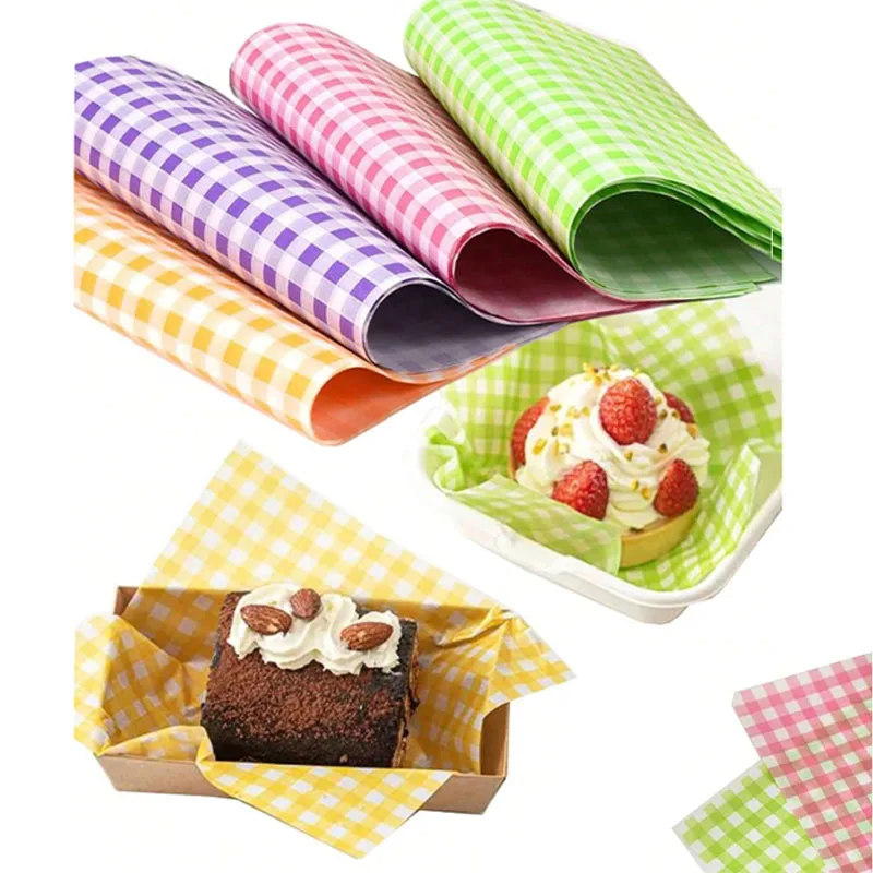 Colorful Gingham Food Wrapping Paper Waterproof and Greaseproof Wax Paper Sheets for Baking Sandwich Snacks Bread and Party Use