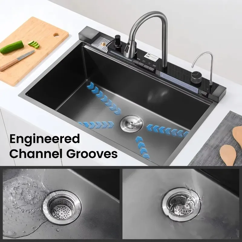 STLF Stainless steel kitchen sink 33x22 black workstation countertop mounted smart faucet 304 nested basin