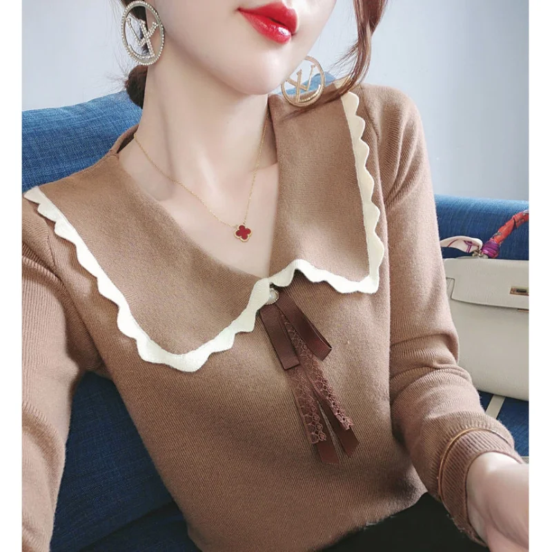 New Women\'s Clothing Peter Pan Collar Knitted Long Sleeve Loose Commuter Autumn Winter Solid Color Spliced Sweaters Jumpers