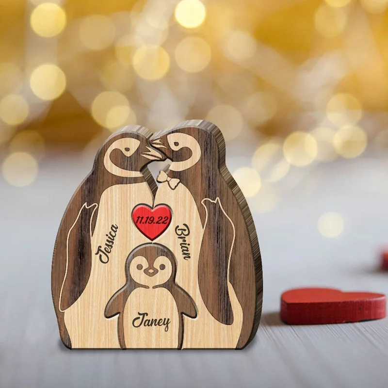 Free Engraving DIY Penguin Family Wooden Puzzle Personalized Custom Desk Decor Christmas Birthday Gift Home Decoration Figurines