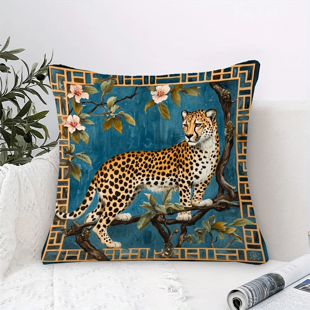 1pc Luxury Living Room Leopard Pillow Cover, Polyester 2D Double-Sided Print, Chinoiserie Cheetah Cushion, Perfect Gift for Orie