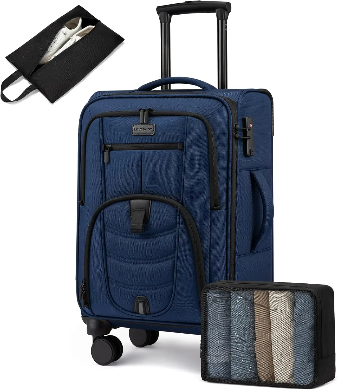 

24 Inch Checked Suitcase with Laptop Compartment, Spinner Wheels, TSA Lock for Business Travel in Navy Blue