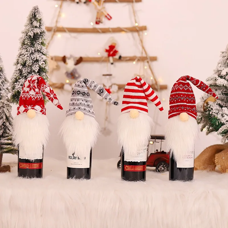 Christmas Gnome Wine Bottle Covers Knitted Plush Tomte Gnome Bottle Toppers for Xmas Dinner Table Holiday Party Decor