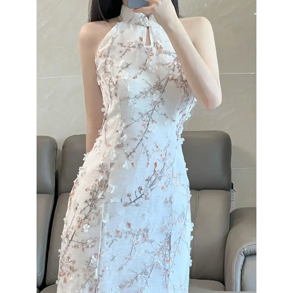 

Improved Chinese Qipao Sleeveless Halter Neck Cheongsam Dress Slim Bodycon Elegant Sexy Summer Wear Party Performance Clothing