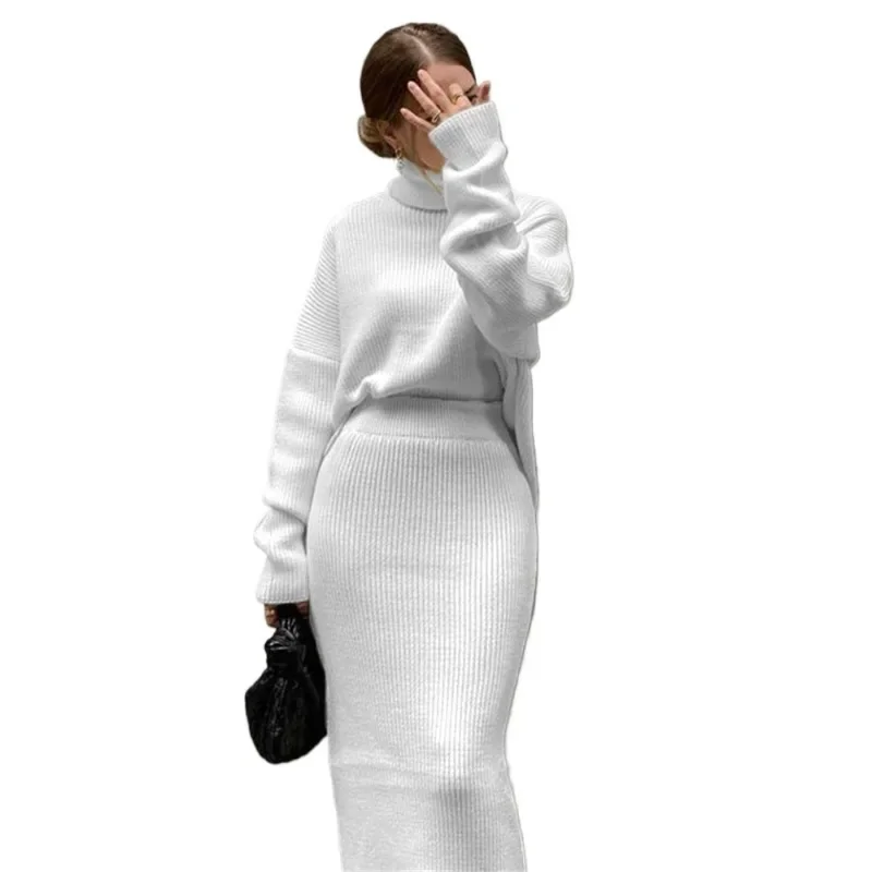 Outfits Ladies  Knitwear Top And Midi Skirt Sets For Women Casual Winter Sweater Sets Ribbed Knit 2 Piece Dress Set