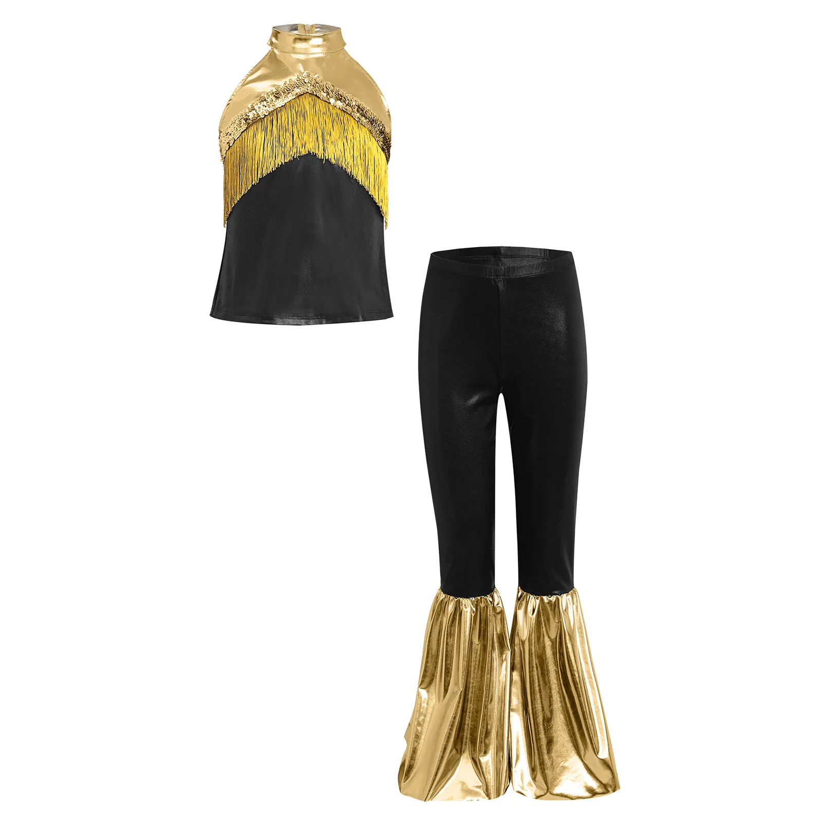 Strój na konkurs gimnastyki, jazzu i tańca dla dziewcząt: metaliczny crop top z frędzlami i cekinami oraz spodnie dzwony, kostium hip-hopowy.