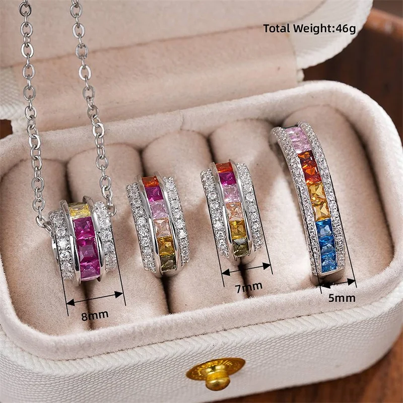3pc Colorful CZ Pendant Necklace & Hoop Earrings Set for Women
