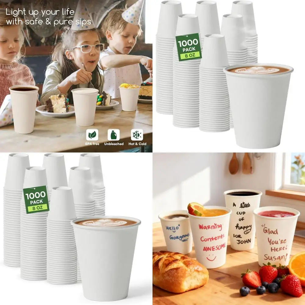 

1000 Pack 8 oz Thickened White Disposable Coffee Cups, 300GSM BPA-Free Cups for Home, Office, Cafe & Parties