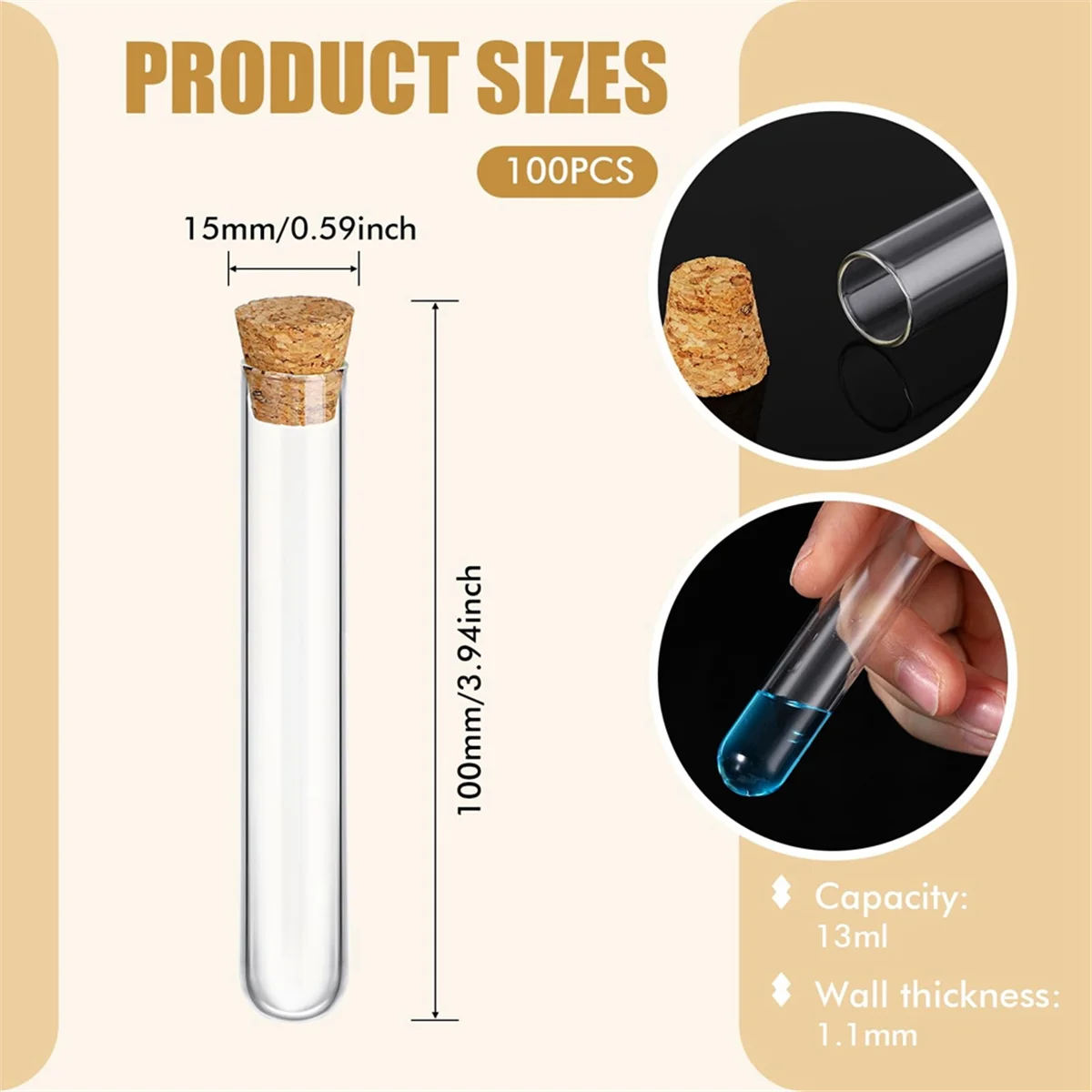 100PCS Glass Test Tubes with Cork Clear Stoppers Round Bottom Lab Test Alcohol Tampons Tubes Container(15X100mm/13Ml)