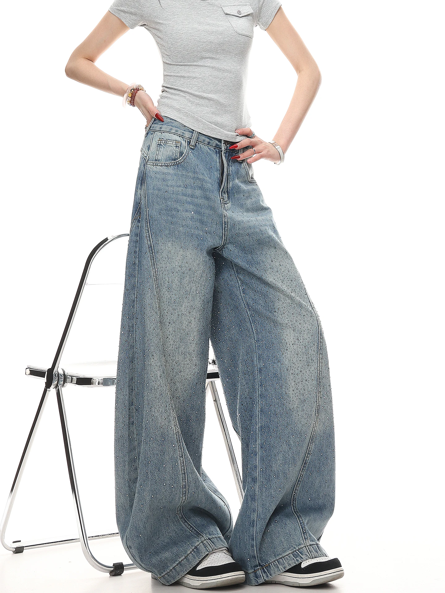 

Wide Leg Jeans Women's Floor-Length Knife Denim Pants Harlan Style Splicing Design Sensation Vintage Washed Casual Trousers