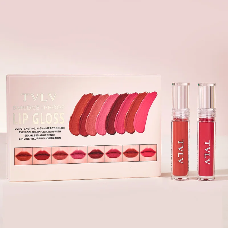 Conjunto de brilho labial de veludo fosco, 8 cores, à prova d'água, batom líquido, cor nua, cosméticos, brilho labial vermelho, beleza