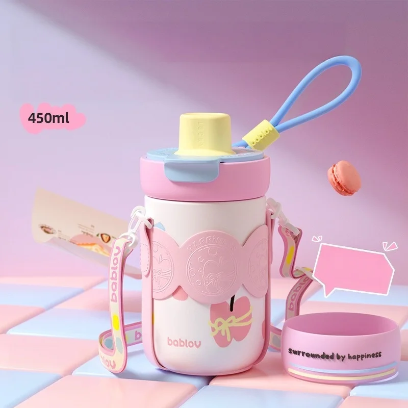Bablov 450ml Thermos Cup 316 Stainless Steel Cute Straw Tumbler with Carry Rope＆Tea Strainer Vacuum Flask Coffee Cup Girl Gifts