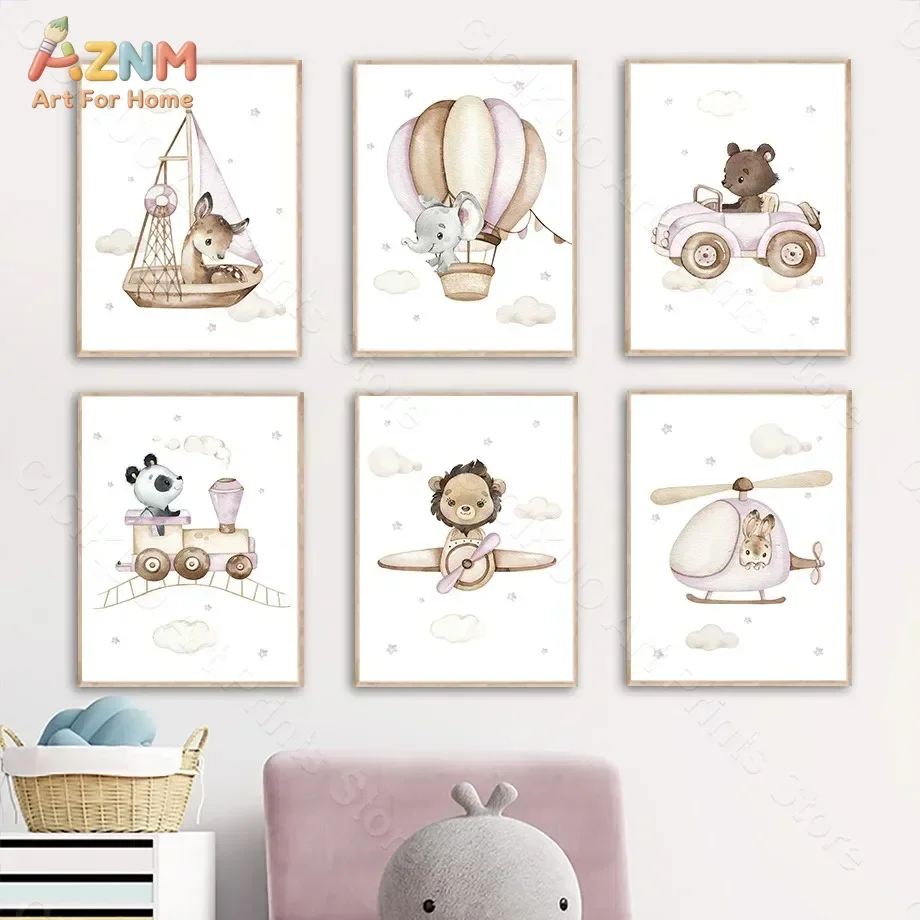 AZNM Watercolor Cute Animal Transport Canvas Wall Art Bear Panda Deer Lion Airplane Car Hot Air Balloon Print Neutral Baby Nurse