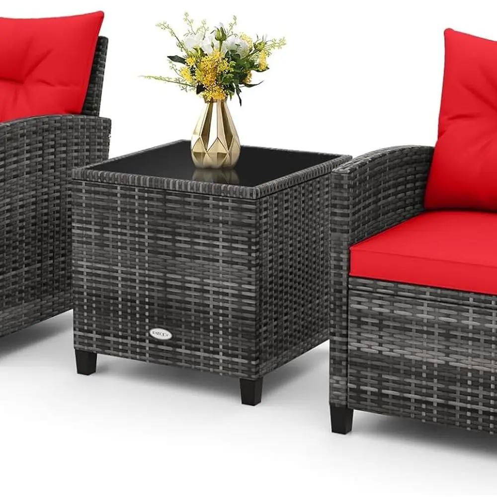 Juego de sofás de ratán para patio de 3 piezas con tapa de vidrio templado, muebles con estructura de acero para exteriores, área de conversación junto a la piscina en el patio trasero (gris-