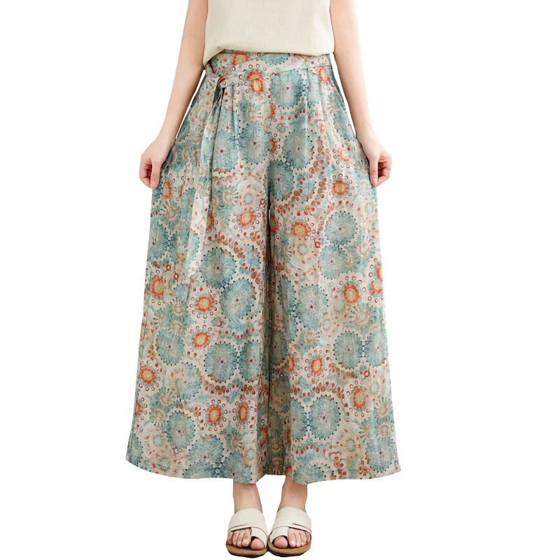 Artistic Vintage Print Loose Wide Leg Pants Nine-Tenths Casual Cotton Linen Skirt Pants Women's Comfortable Elastic Waist