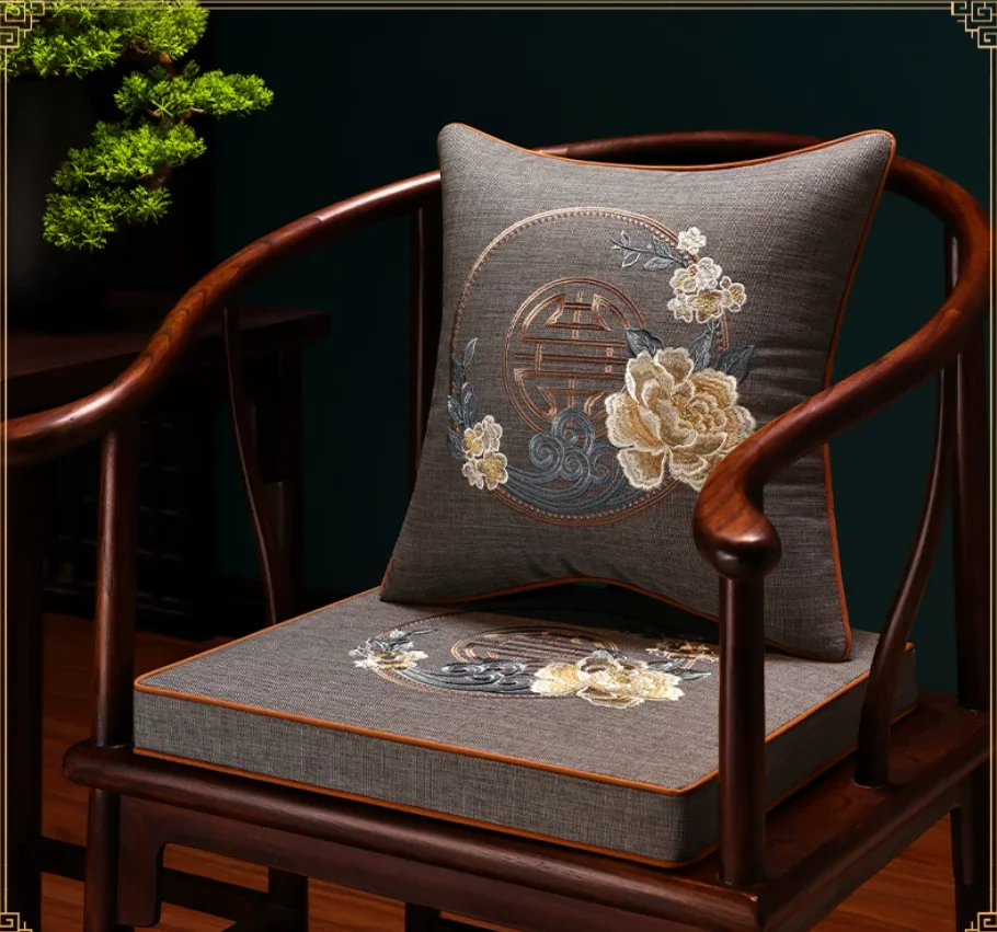 Chinese Style Embroidery Chair Cushion Linen Fabric Square Seat Pad for Mahogany Dining Chair Anti-slip Thickened Sponge Cushion