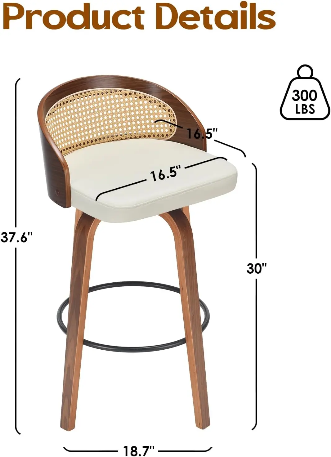 Swivel Bar Stools Set of 2, Upholstered Barstools with Rattan Back, Footrest, PU Leather Stool, 30 Inch Counter Height Bartools