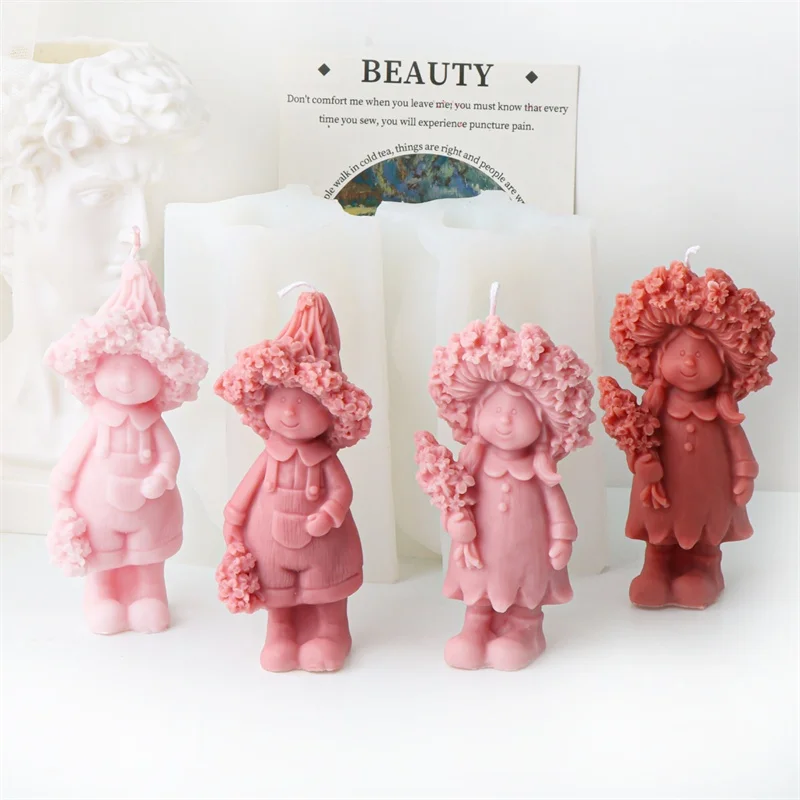 3D Sculpted Lavender Lover Cute chubby Boy Girl Silicone Candle Mold Hatted Elf with Flower Plaster Resin Mold Wedding Gifts